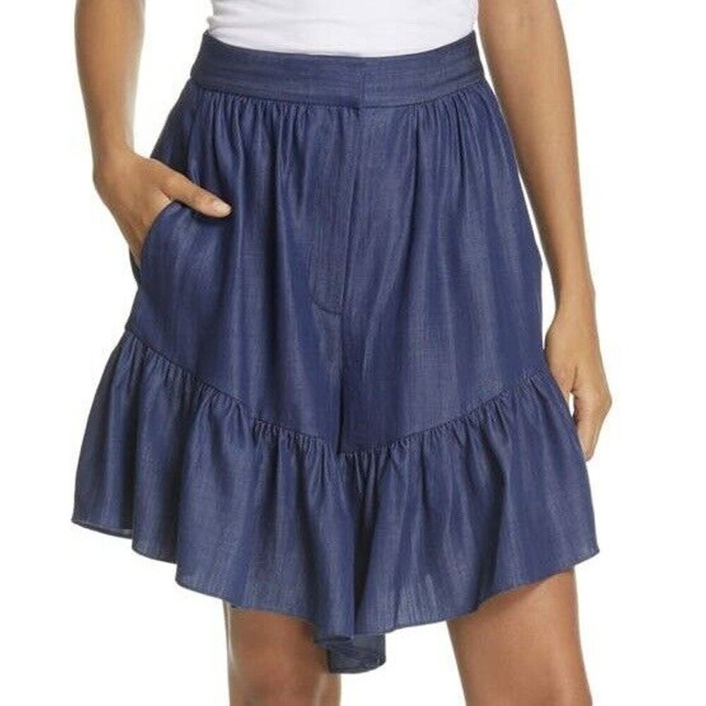 $350 TIBI DARK INDIGO JEAN COLOR DRAPE RUFFLES CHAMBRAY SHORT SKIRT SIZE 0